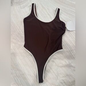 Brown One-Piece Swimsuit with White Trim